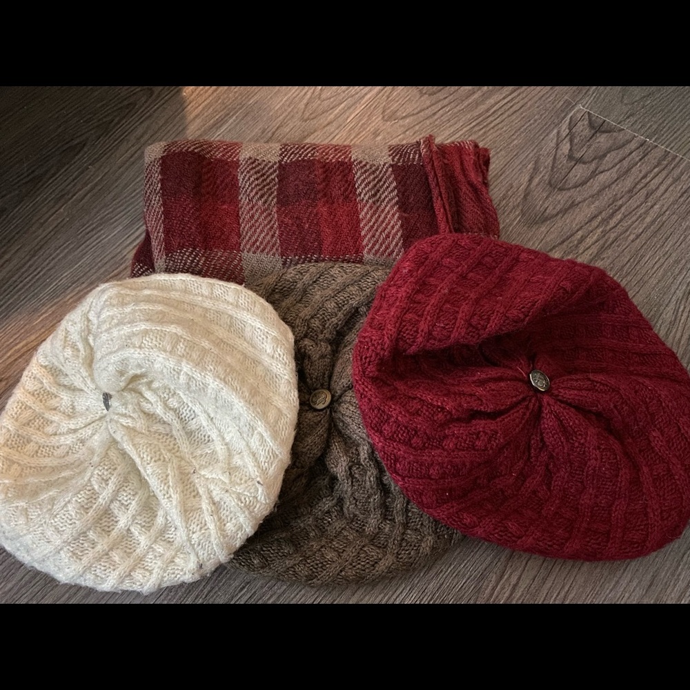 3 beret hats with plaid infinity scarf
